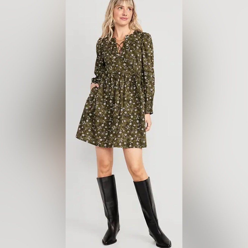 Old Navy Green Floral Mini Swing Dress